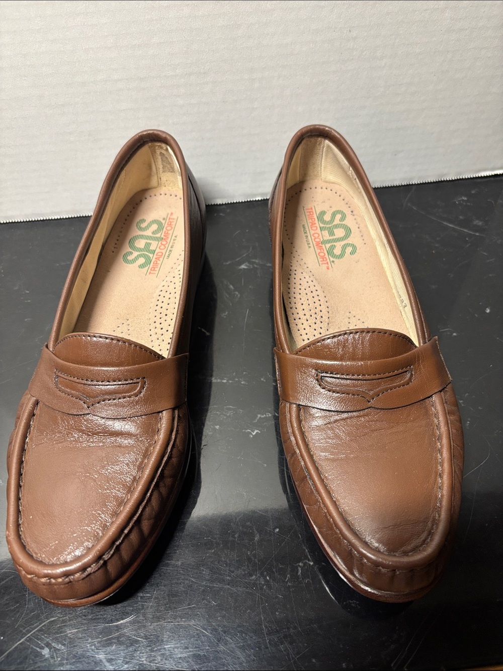 SAS Penny Loafer Shoe Brown Leather Tripad Women 8.5 Narrow USA Made Slip-on